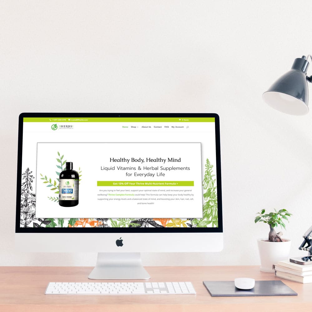 eCommerce herbal supplement online store design featuring hand drawn elements. https://www.1herbs.com/