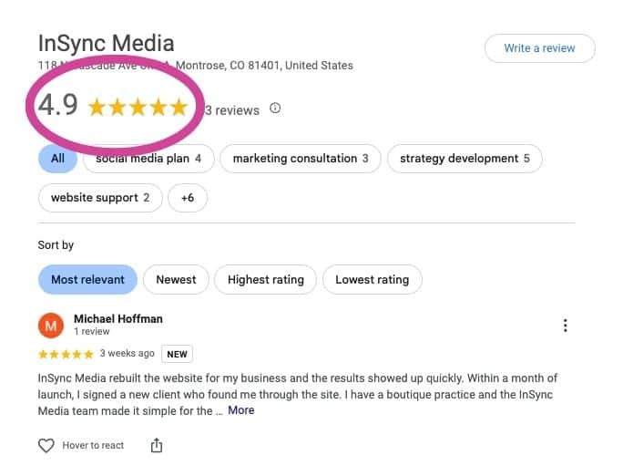Google Business Profile Reviews for InSync Media,  who has a 4.9 star overall rating out of 5.
