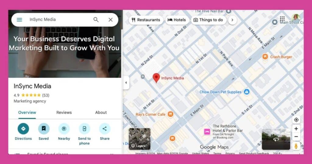 A Google Business Profile listing for marketing agency InSync Media, including the Google Map location pin, number of reviews, and contact information