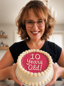Laura Williams holding her 10 year anniversary cake generated by AI